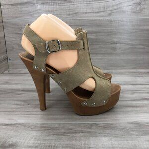 Bakers Heels Women's 8 Tan Suede Open Toe Buckle Strap Shoes